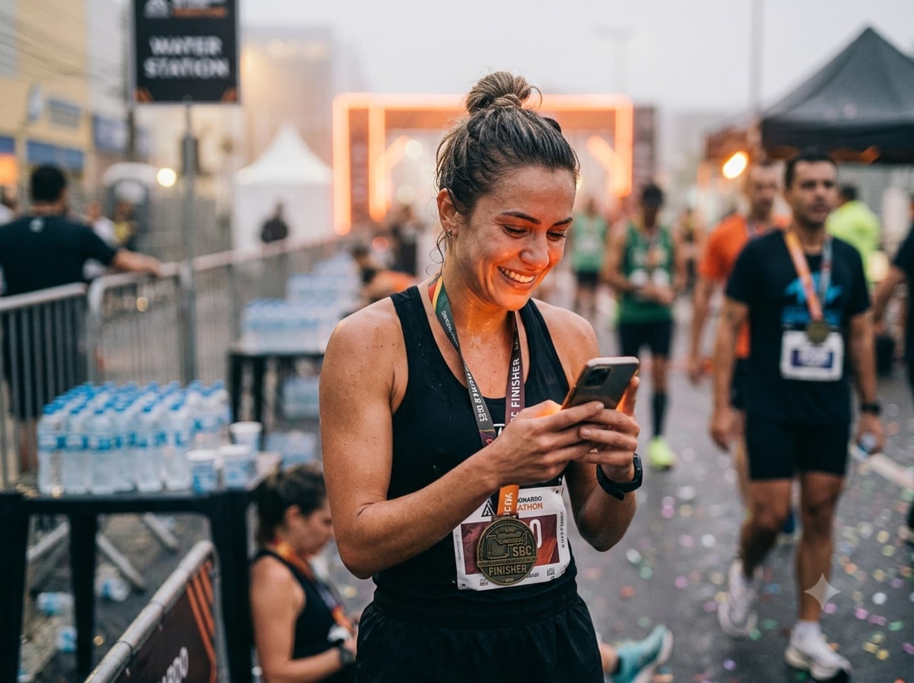 Atleta sorrindo ao conferir o resultado no celular após a prova