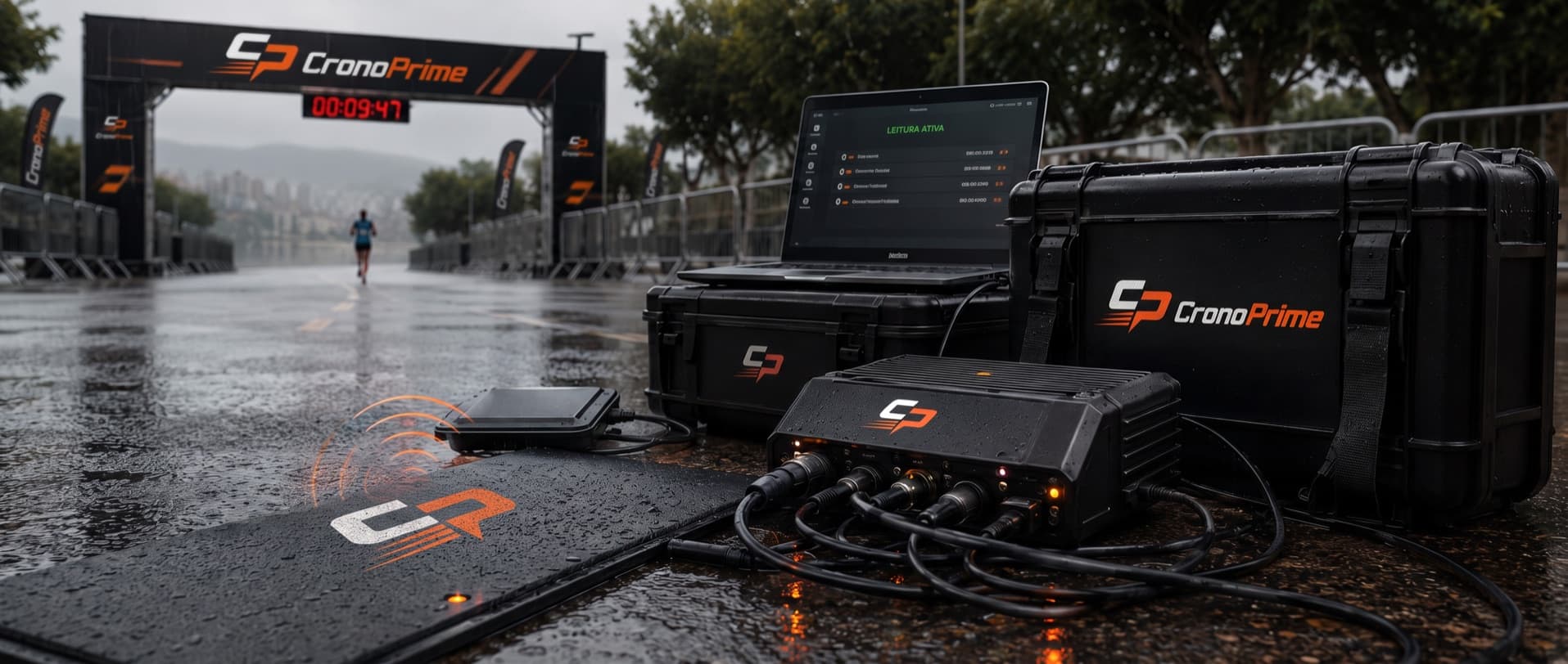 Central de cronometragem com maleta RFID, notebook e tapete de leitura operando sob chuva