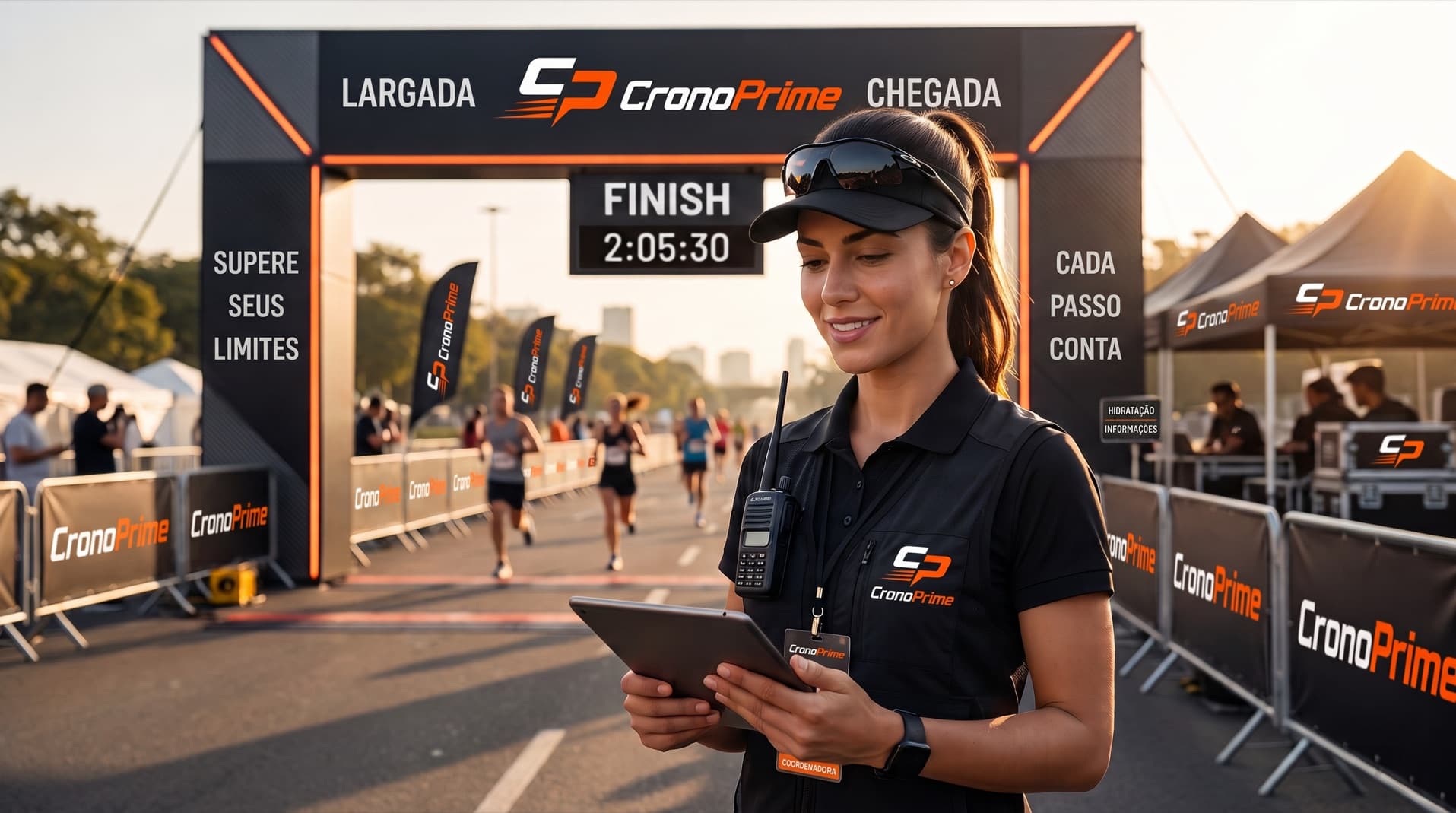 Equipe de cronometragem conferindo o tablet sob o pórtico de largada e chegada