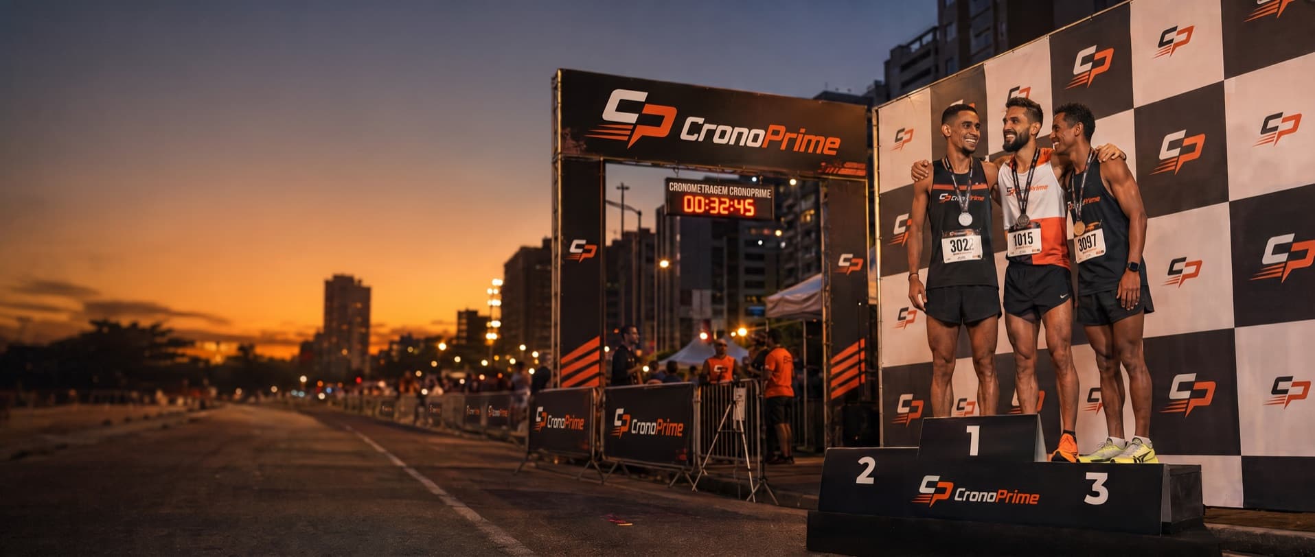 Pódio de premiação iluminado ao entardecer